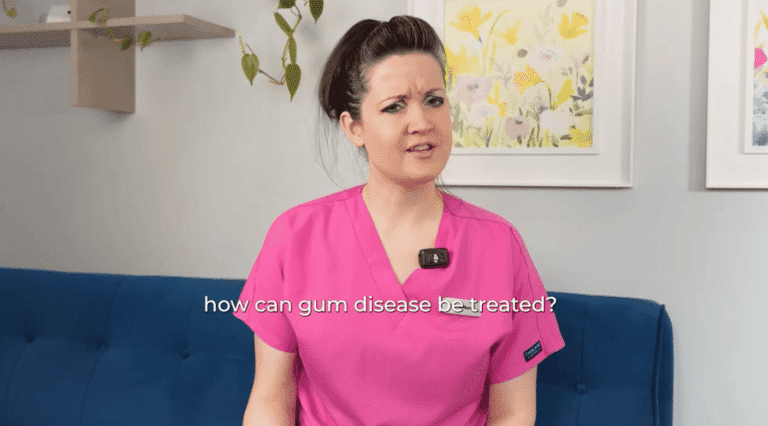 Bex from Pure Dental Health Truro explaining with the text 'How Can Gum Disease Be Treated?'.