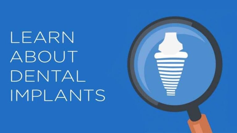 Video thumbnail with a magnifying glass and text reading “learn about dental implants.