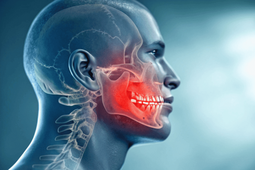 3D illustration of a human head showing jaw and teeth with highlighted red area, indicating dental pain or tooth filling treatment